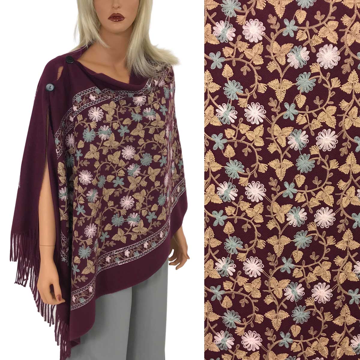 3218 - Embroidered Cashmere Feel Button Poncho/Sha