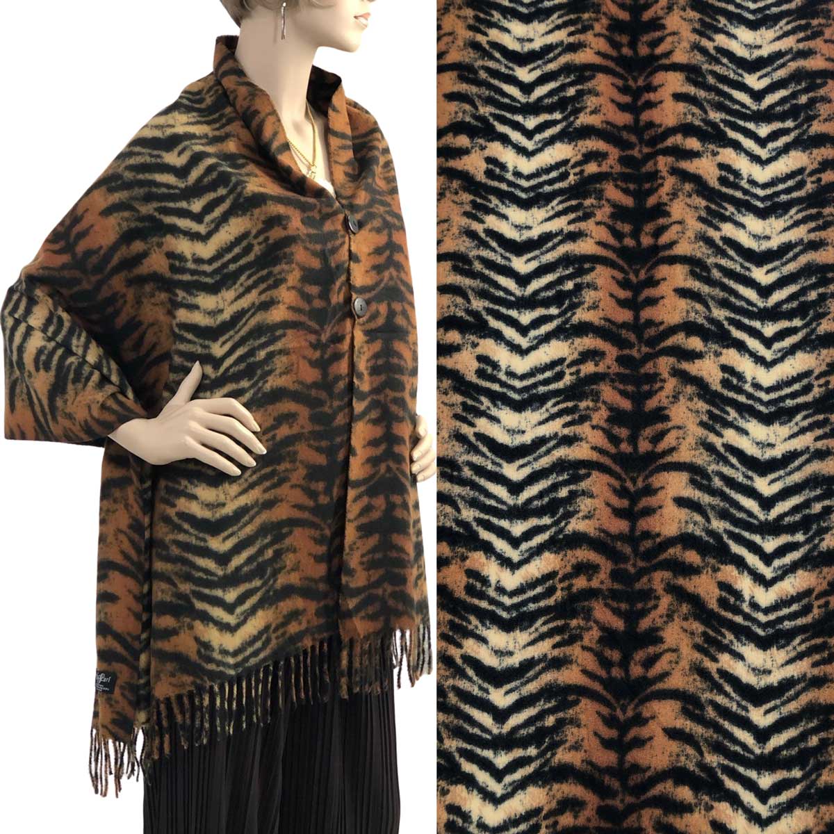 TIGER PRINT Suede Cloth Animal Print Shawl with Buttons 