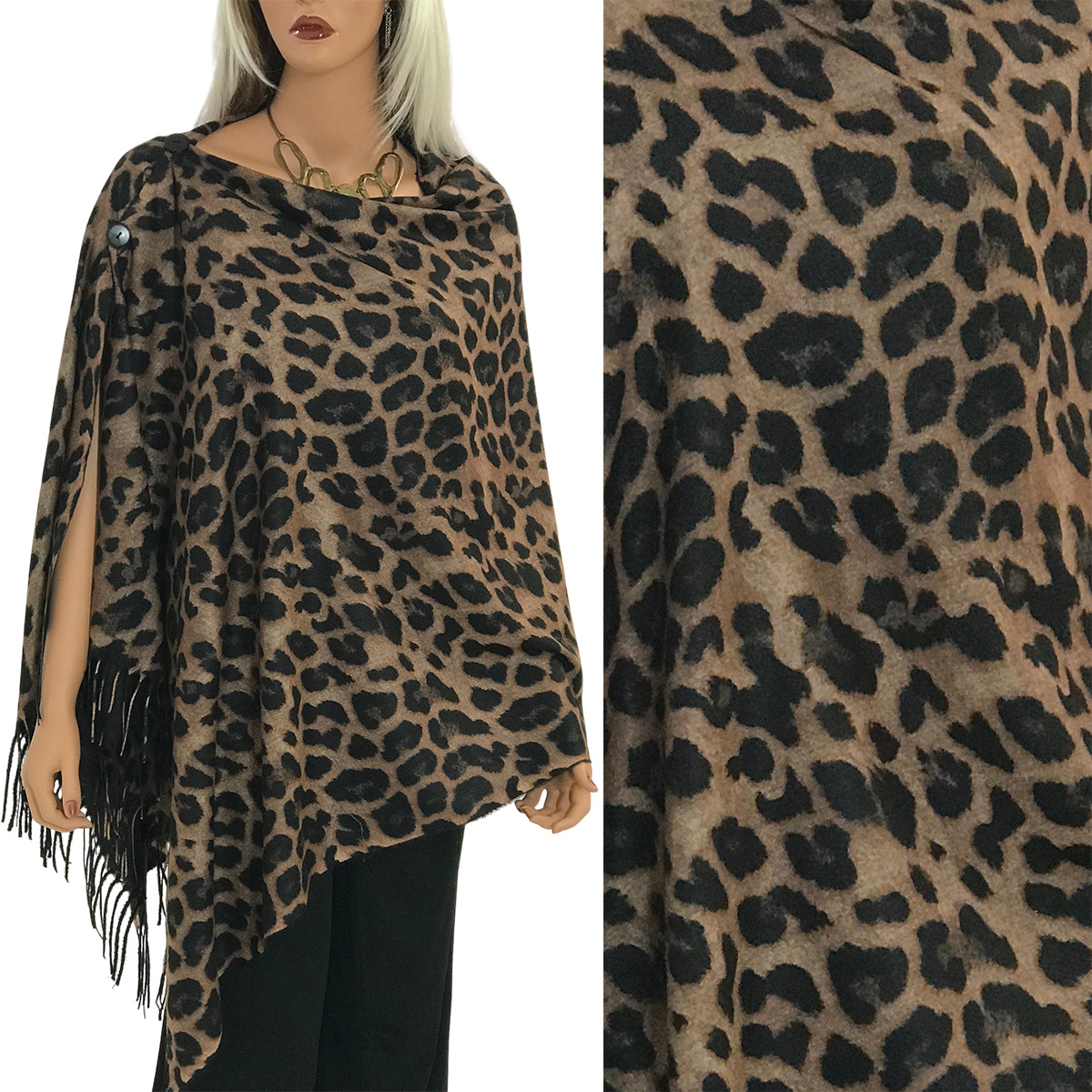 CLASSIC LEOPARD Suede Cloth Animal Print Shawl with Buttons 