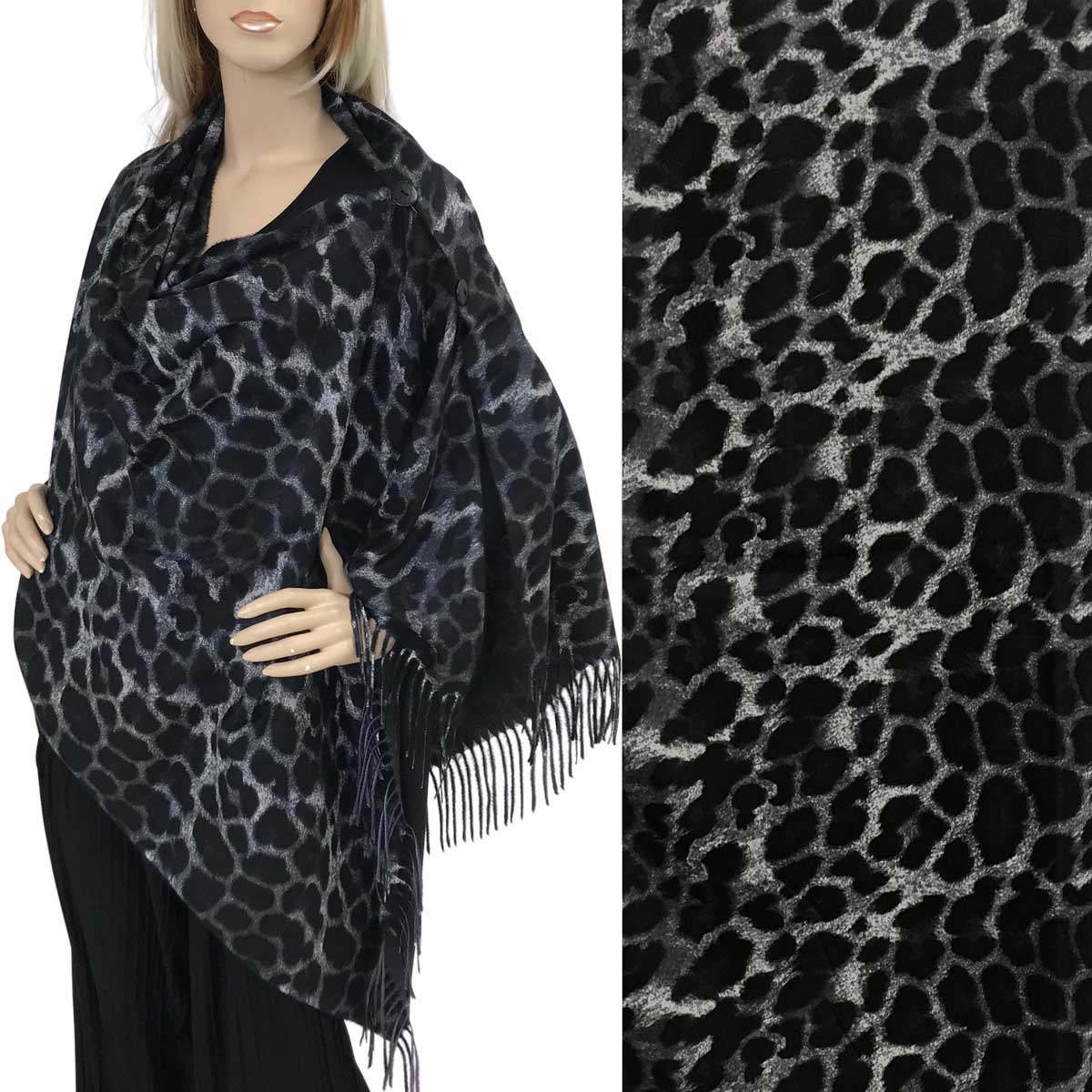 Wholesale3305 - Suede Cloth Animal Print Button Poncho/Shaw-LEOPARD  BLACK/GREY Suede Cloth Animal Print Shawl with Buttons