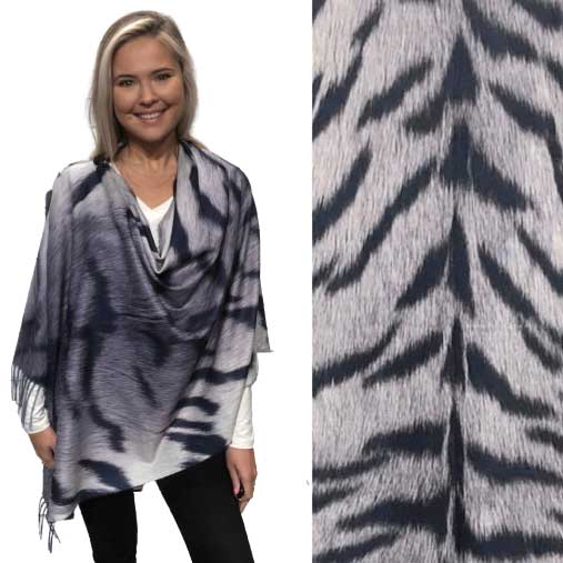 FANTASY TIGER  MIDNIGHT/GREY Suede Cloth Animal Print Shawl with Buttons 