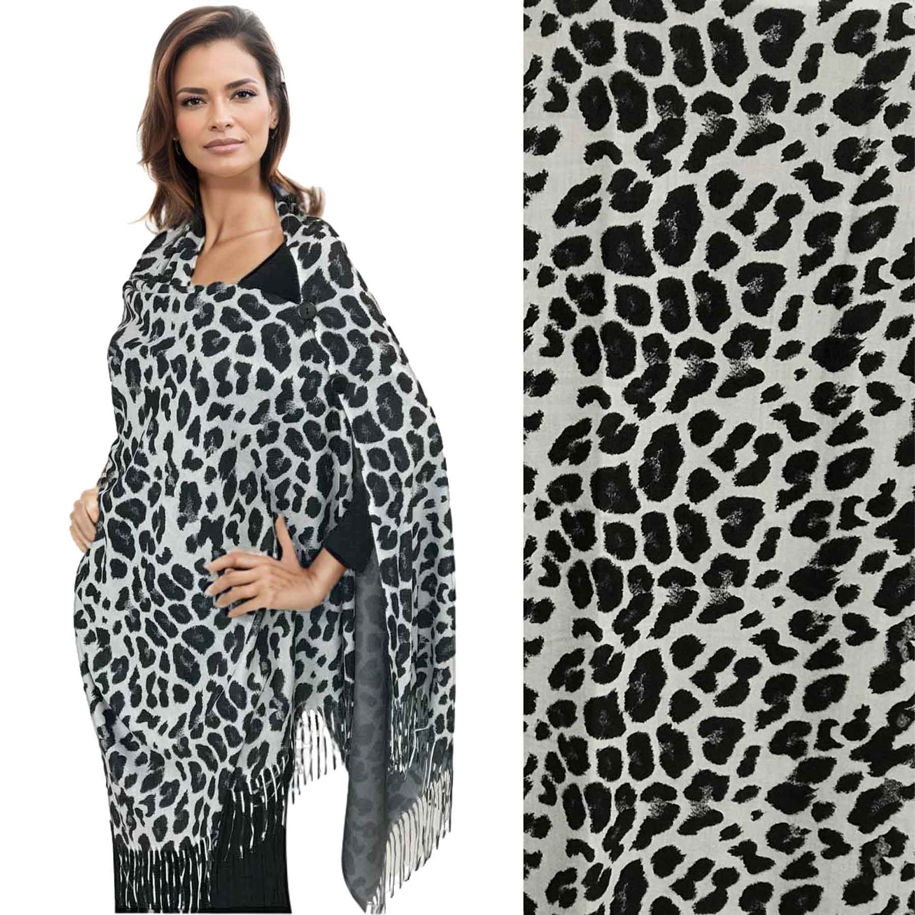 LEOPARD BLACK/WHITE Suede Cloth Animal Print Shawl with Buttons 