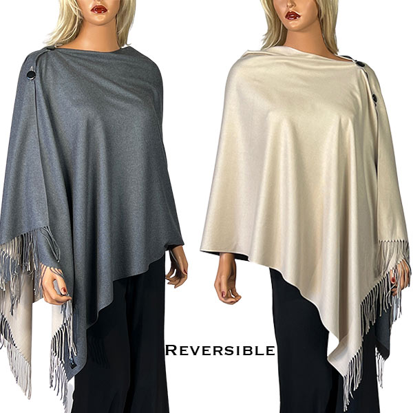 624 - #38 Beige/Grey<br>
Reversible Cashmere Feel<br> Wooden Button Shawl
