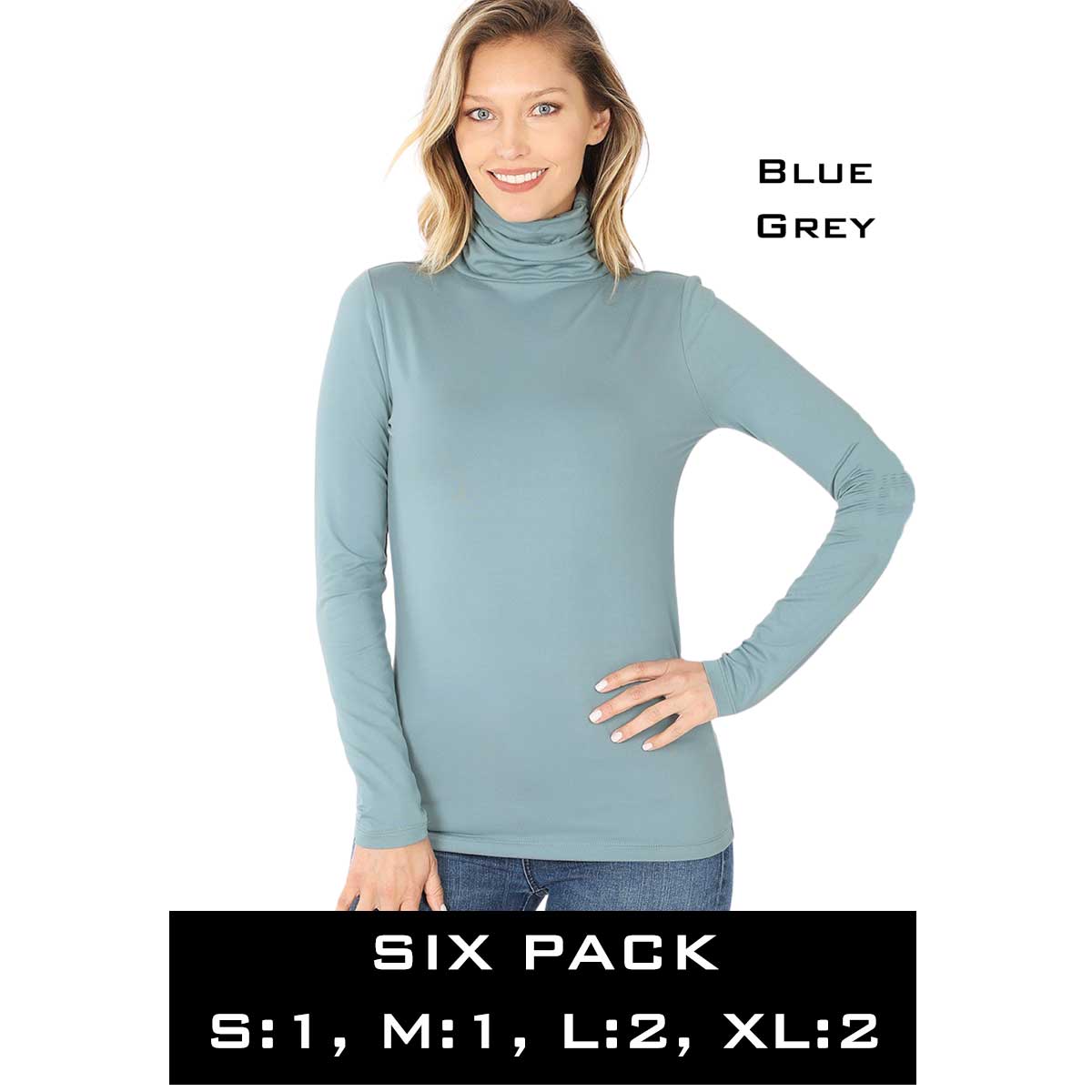  BLUE GREY (SIX PACK) Ruched Turtleneck Long Sleeve 2055(1S,1M,2L,2XL)