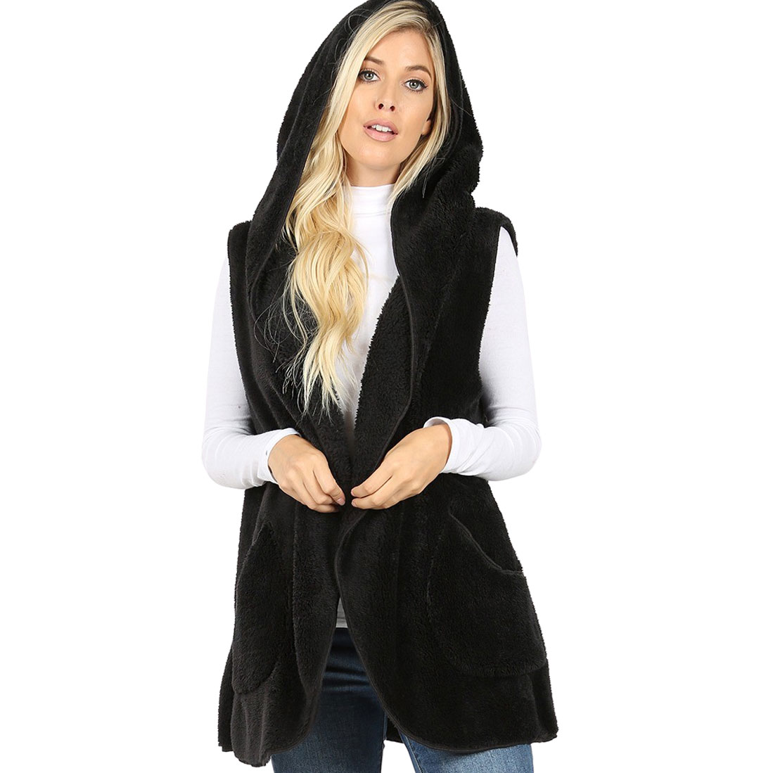 Wholesale Vest Sherpa Hooded Faux Fur W Side Pockets 2613 Black