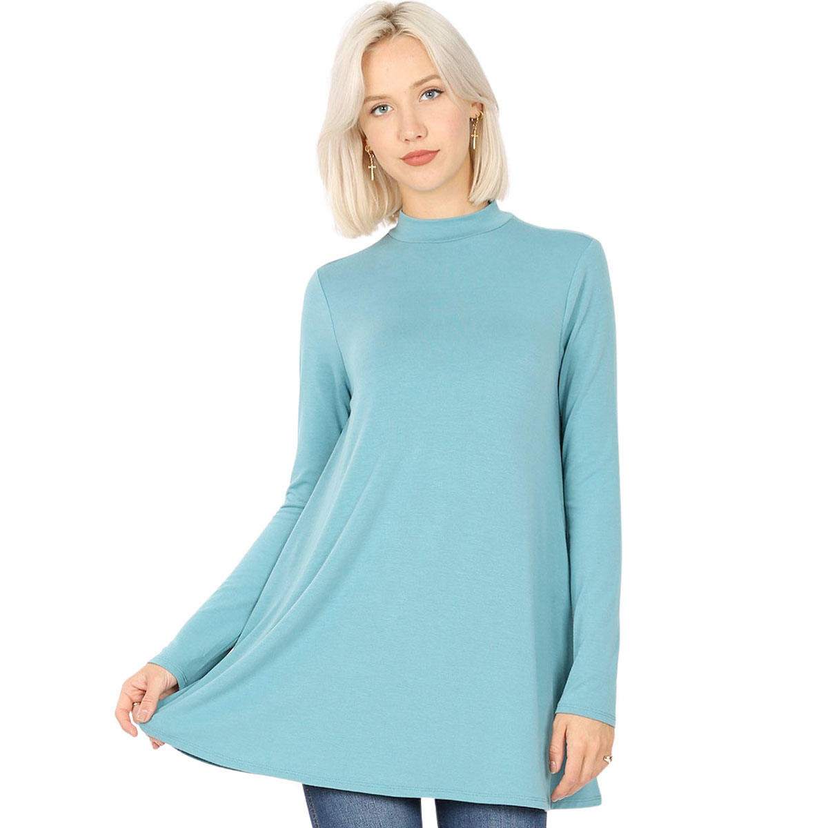 DUSTY TEAL Mock Turtleneck - Long Sleeve with Pockets 1641 	