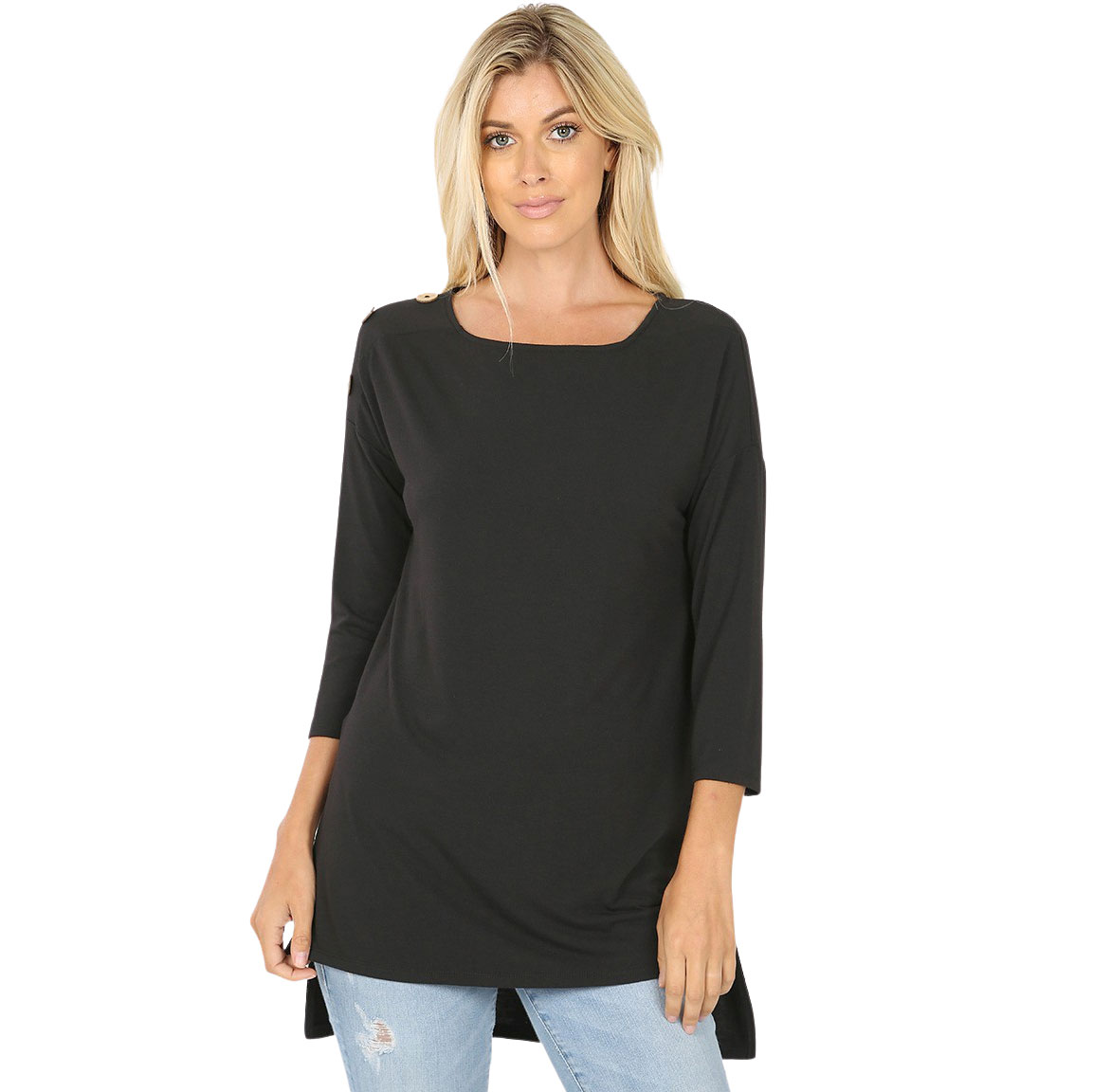 Black Boat Neck Hi-Lo Top w/ Wooden Buttons 2082