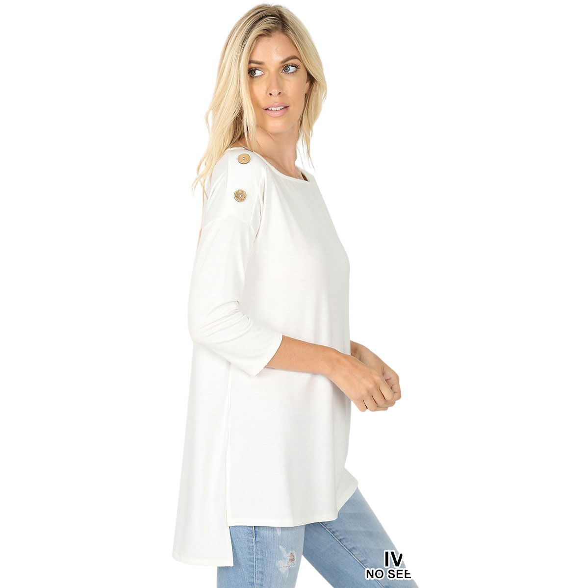Ivory Boat Neck Hi-Lo Top w/ Wooden Buttons 2082