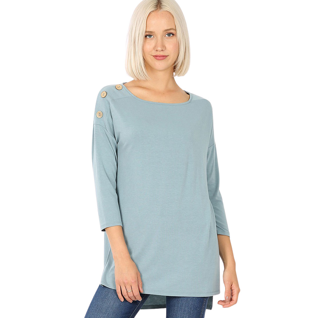 BLUE GREY Boat Neck Hi-Lo Top w/ Wooden Buttons 2082