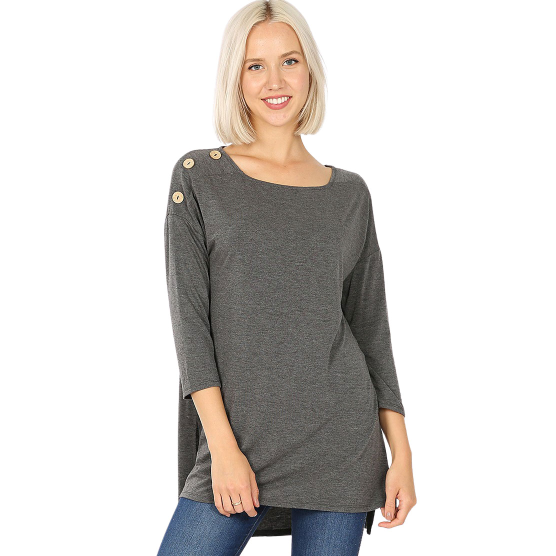 CHARCOAL Boat Neck Hi-Lo Top w/ Wooden Buttons 2082