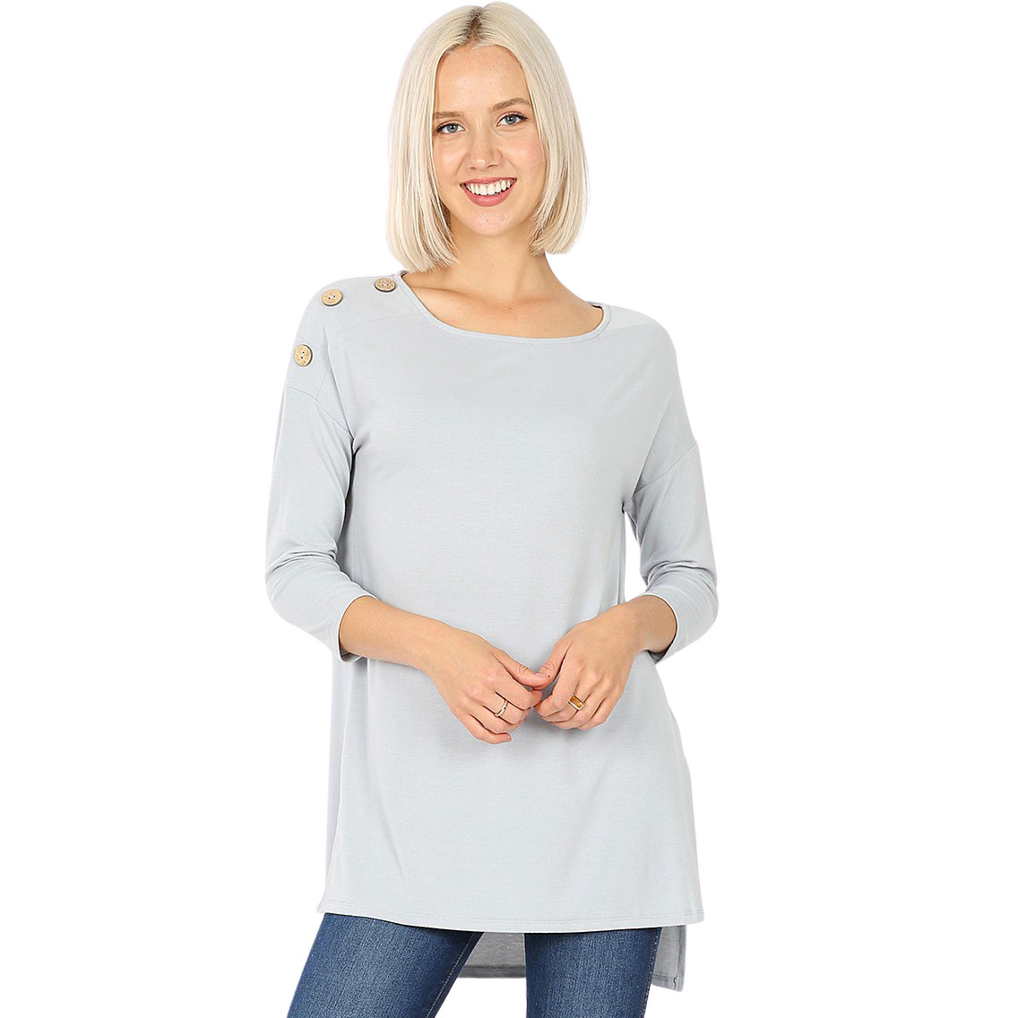 LIGHT GREY Boat Neck Hi-Lo Top w/ Wooden Buttons 2082