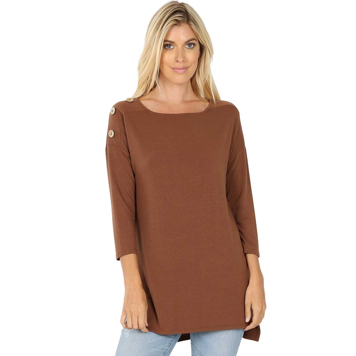 LIGHT BROWN Boat Neck Hi-Lo Top w/ Wooden Buttons 2082