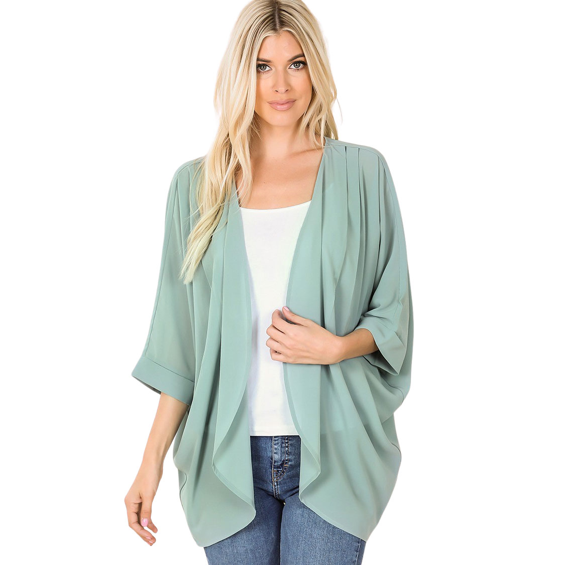 Wholesale Cardigan - Woven Chiffon with Shoulder Pleat 2721-LIGHT GREEN ...