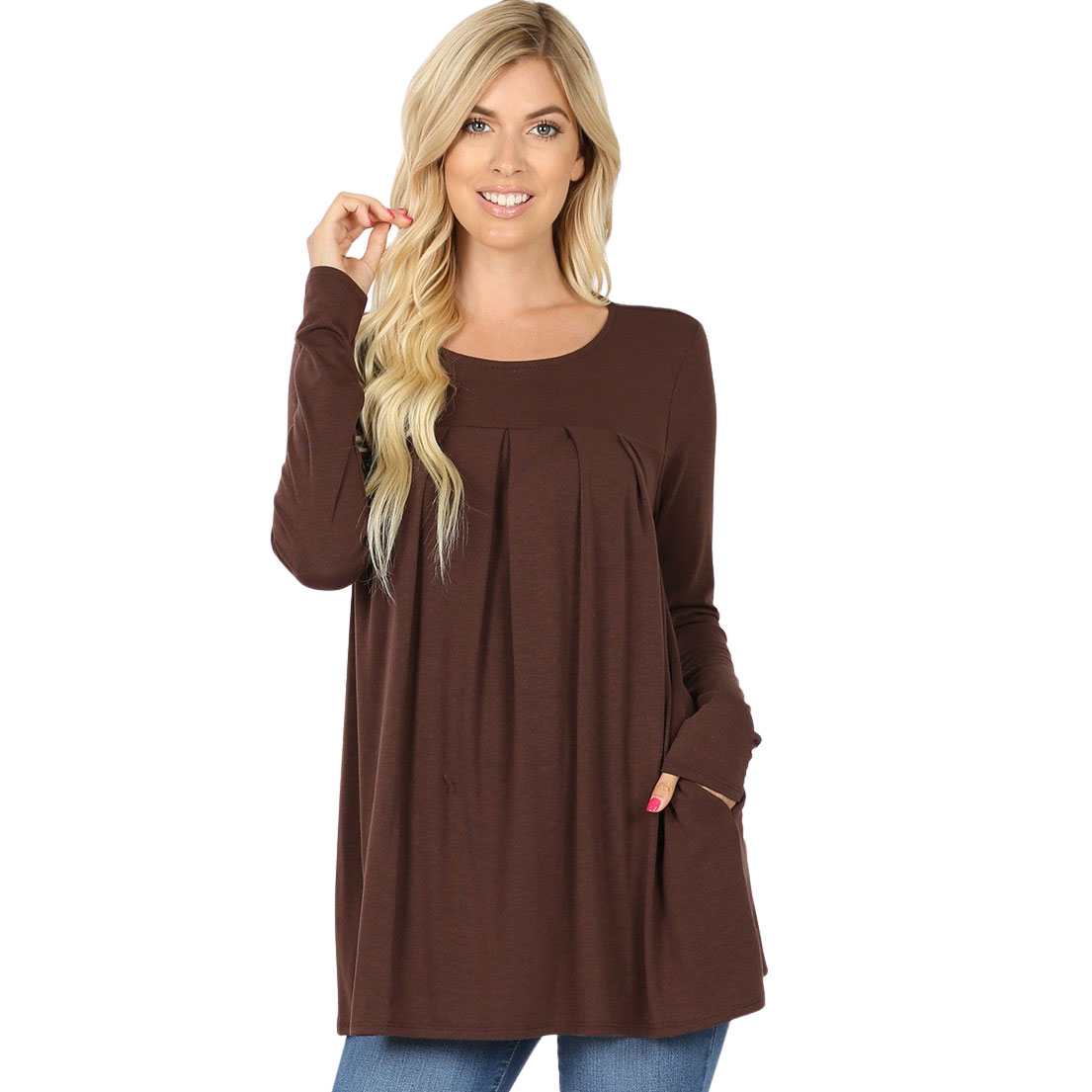 1658 - Long Sleeve Round Neck Pleated Tops