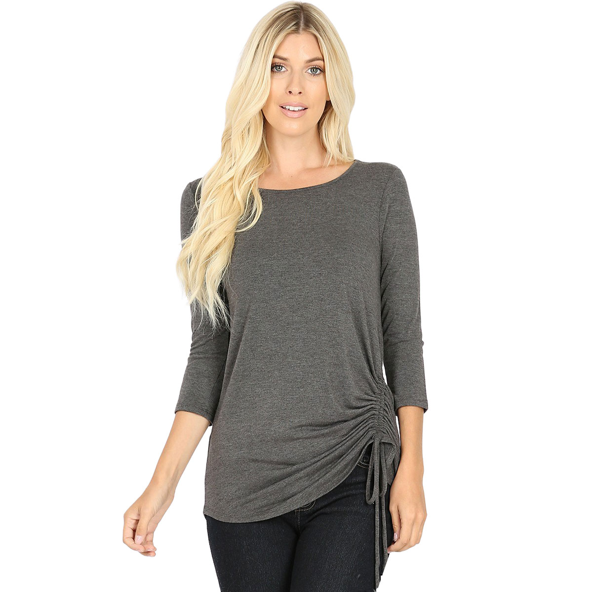 CHARCOAL 3/4 Sleeve Round Neck Side Ruched 1887
