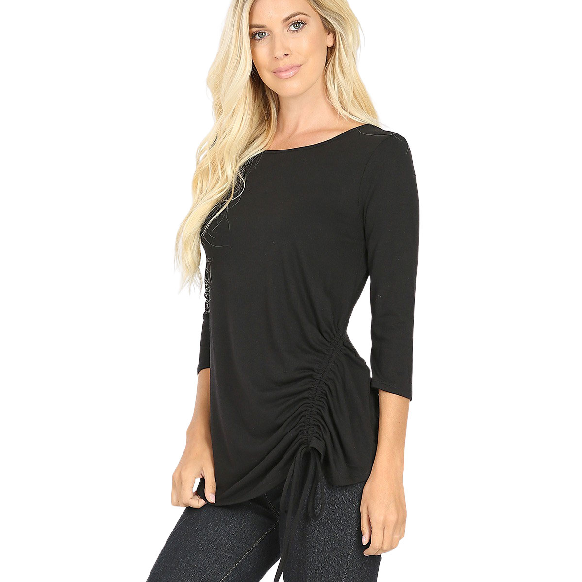BLACK 3/4 Sleeve Round Neck Side Ruched 1887