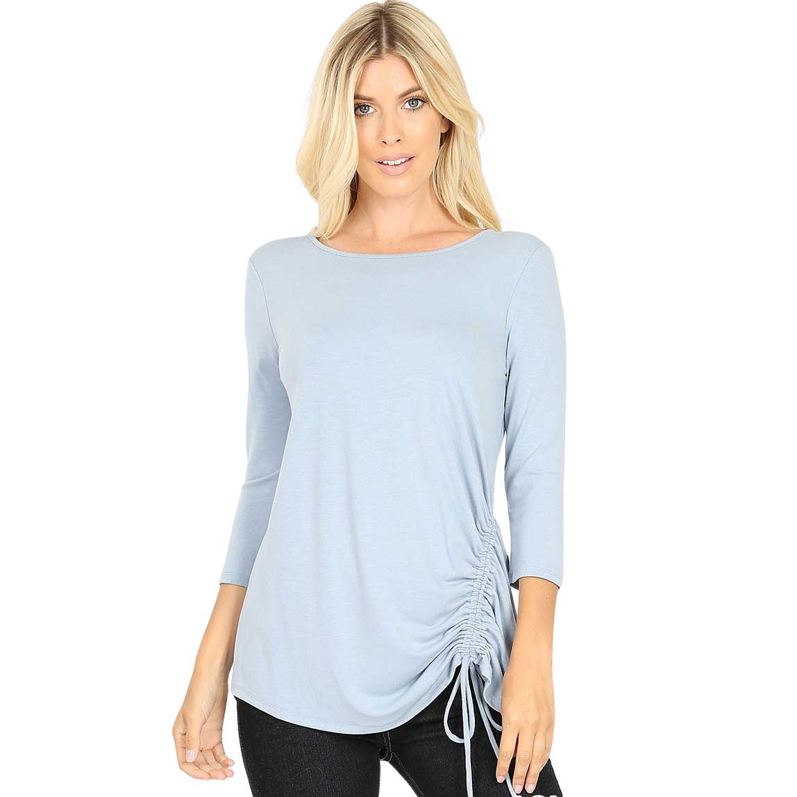ASH BLUE 3/4 Sleeve Round Neck Side Ruched 1887