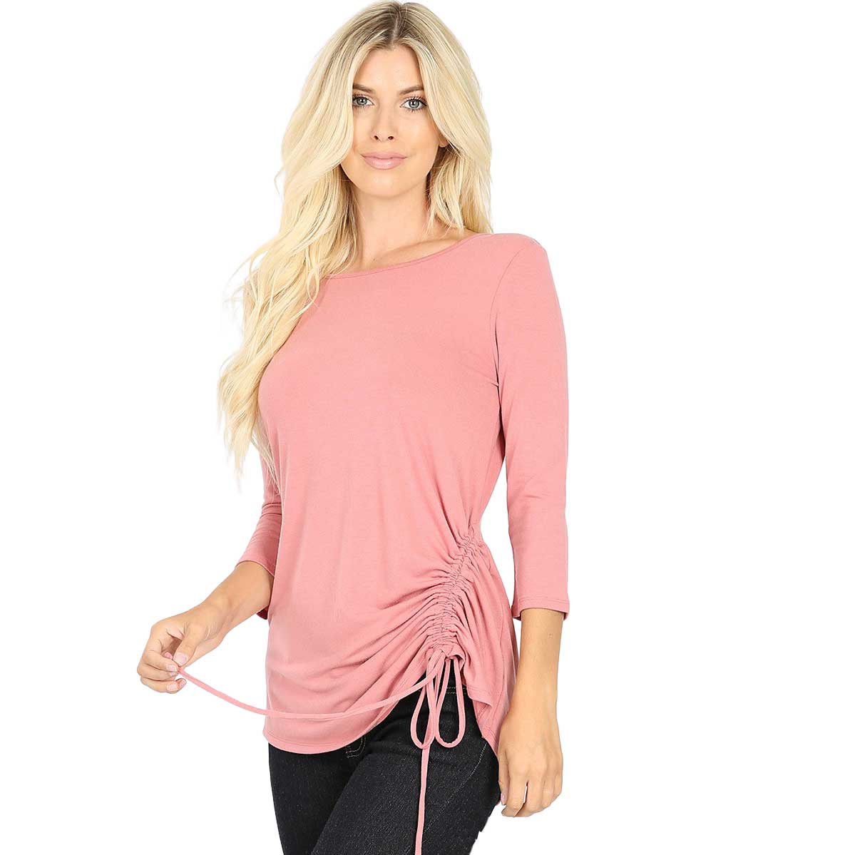 DUSTY ROSE 3/4 Sleeve Round Neck Side Ruched 1887
