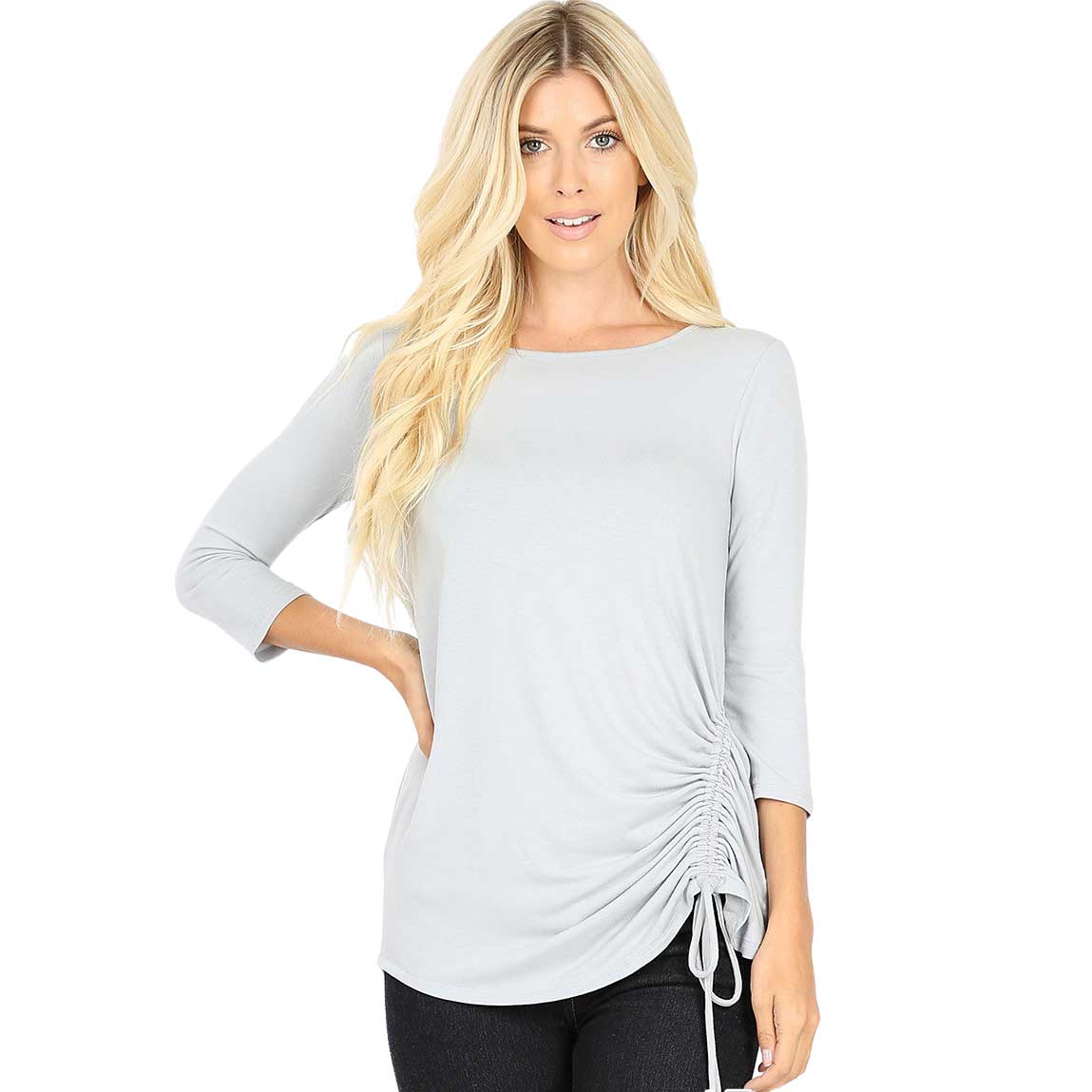LIGHT GREY 3/4 Sleeve Round Neck Side Ruched 1887