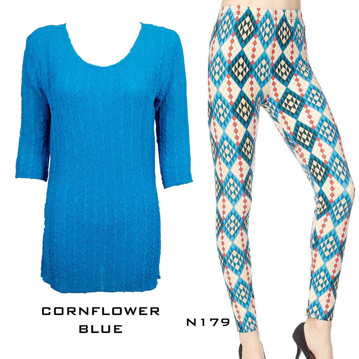 CORNFLOWER BLUE Three Quarter Sleeve Georgette Tunic with Leggings