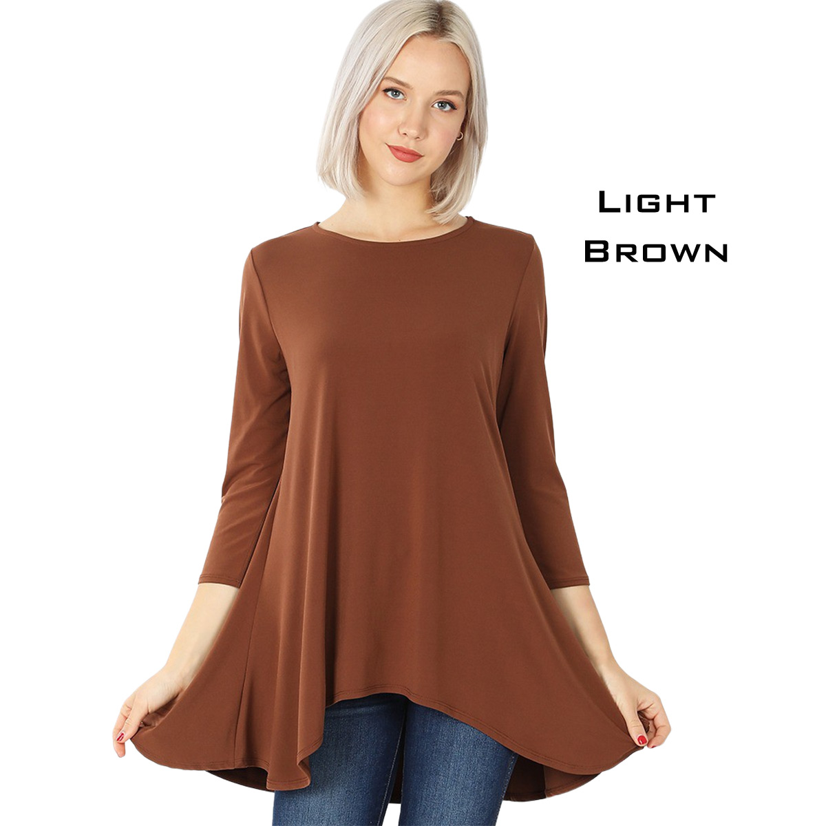 LIGHT BROWN Ity High-Low 3/4 Sleeve Top 2367