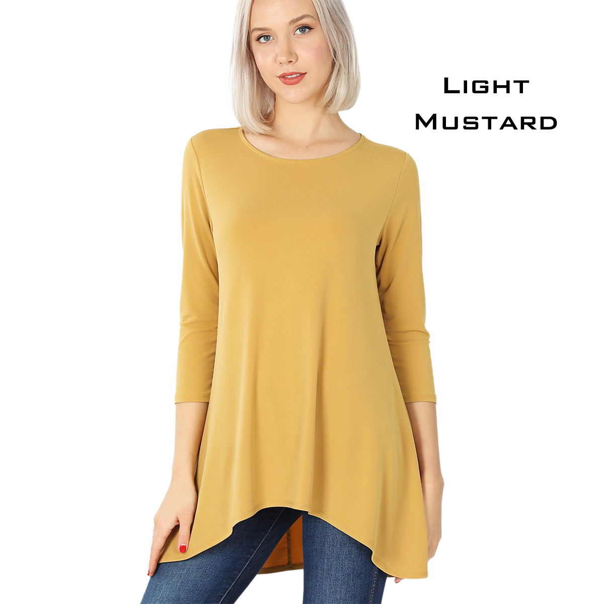 Light Mustard Ity High-Low 3/4 Sleeve Top 2367