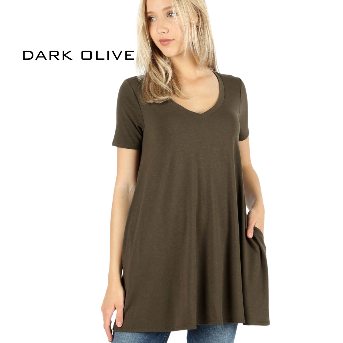 DARK OLIVE Short Sleeve V-Neck Top w/ Pockets 1635