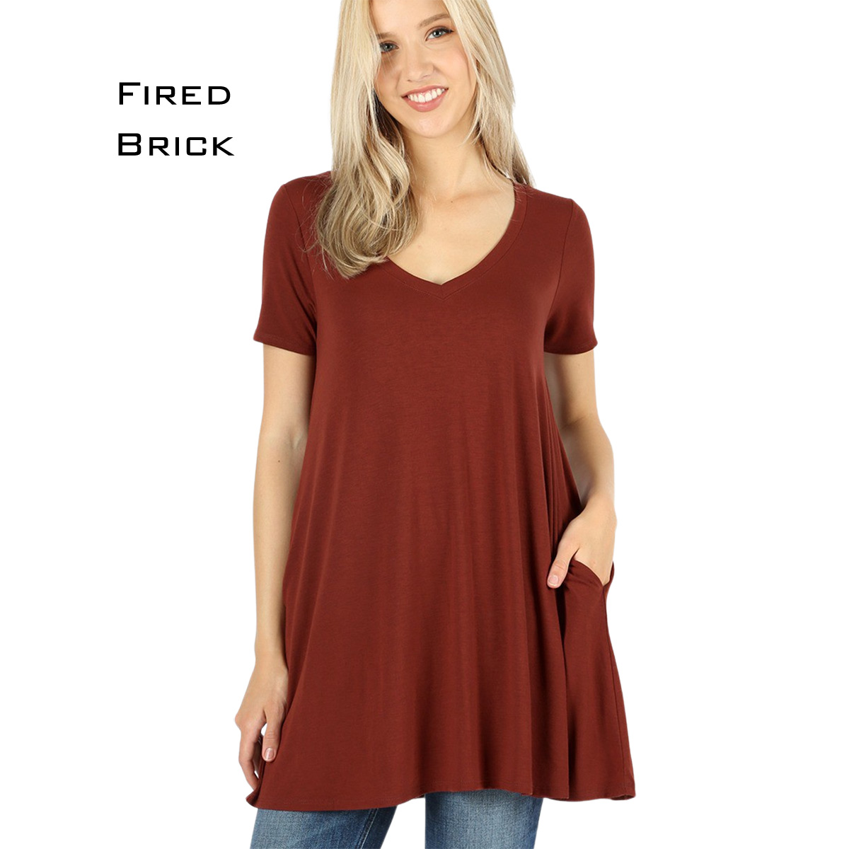 FIRED BRICK Short Sleeve V-Neck Top w/ Pockets 1635