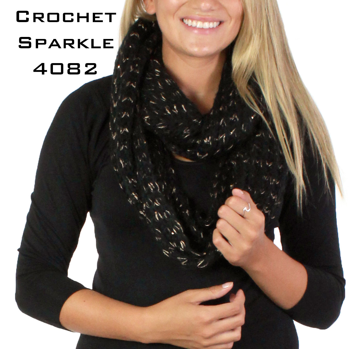 4082 BLACK/GOLD CROCHET SPARKLE Knitted Infinity Scarf