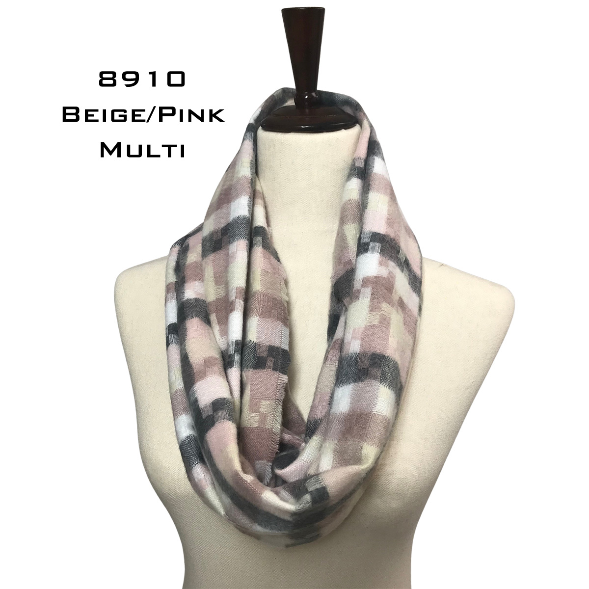 9810 BEIGE/PINK MULTI CHECKERED PLAID Knit Infinity Scarf