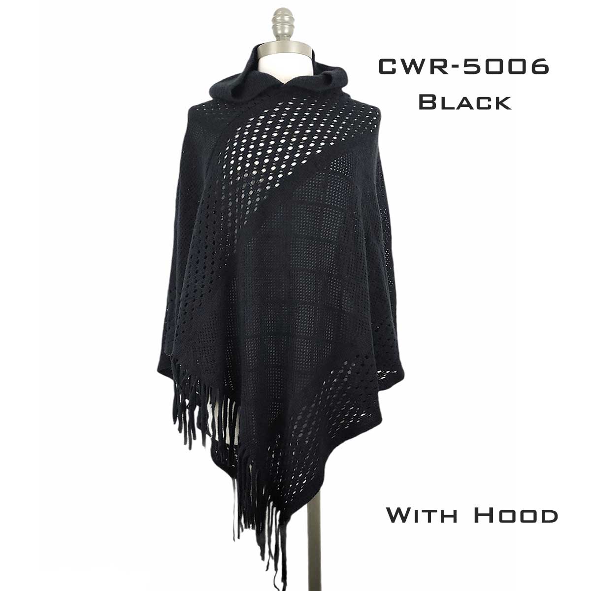 CWR5006 BLACK Hooded Poncho with Fringe
