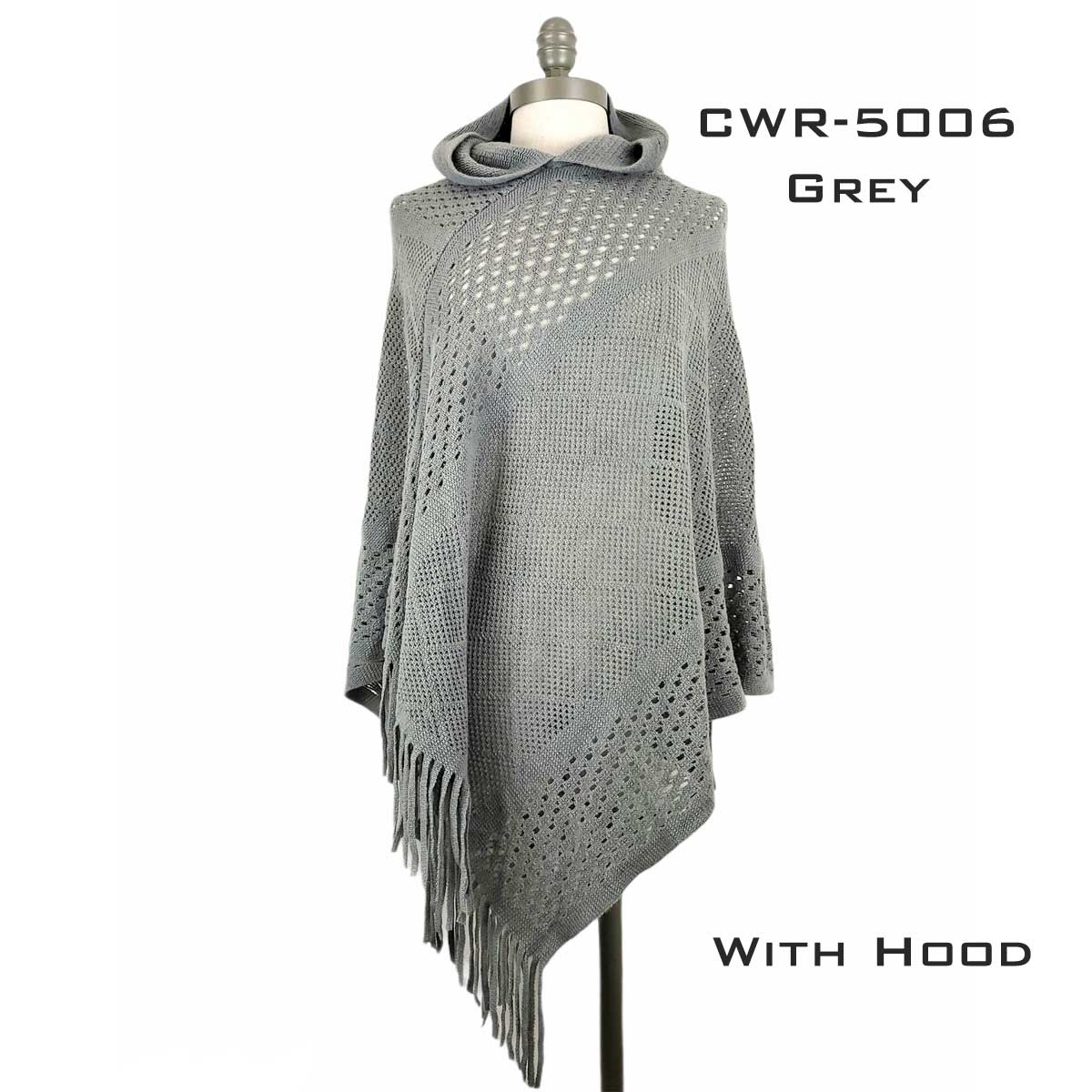 CWR5006 GREY Hooded Poncho with Fringe