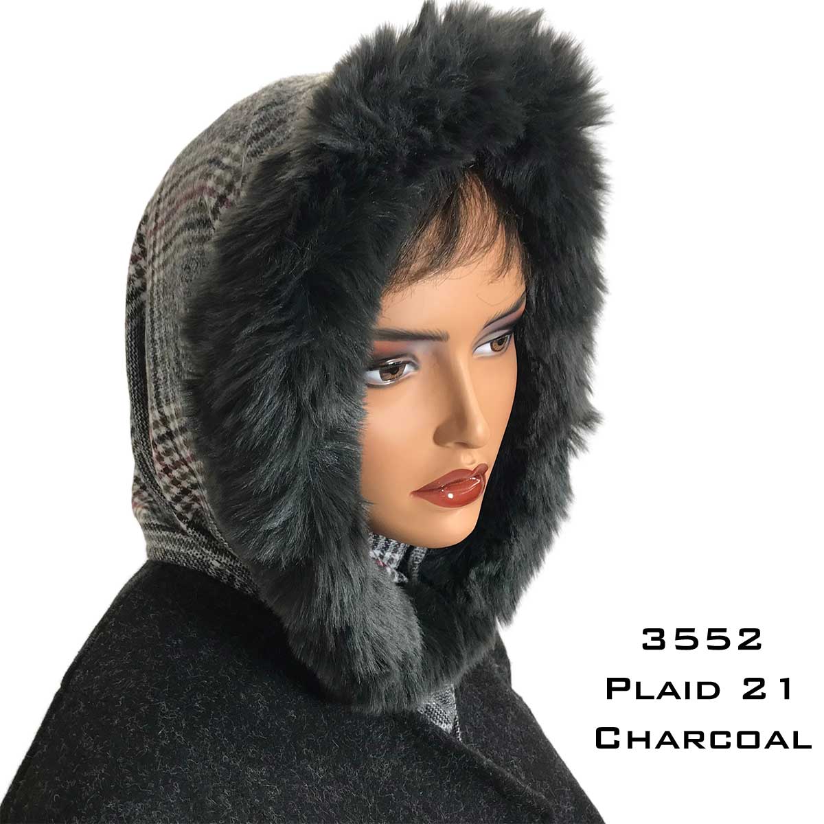 Plaid #21<br>  Charcoal Fur Trimmed Infinity Hood