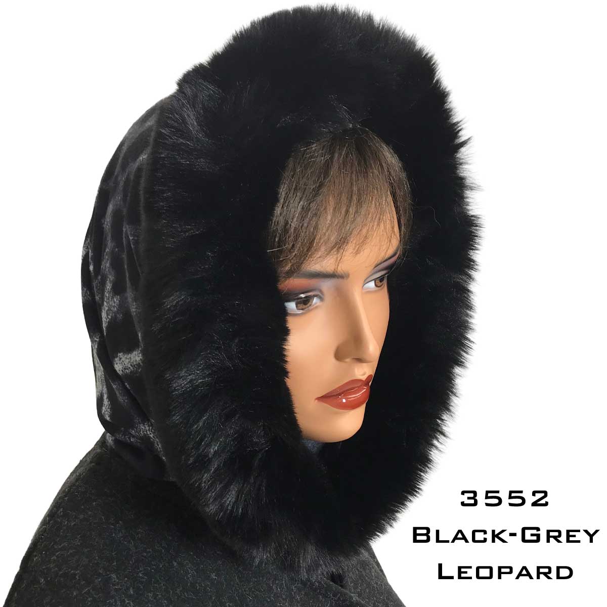 Leopard Black/Grey<br>
Black Fur Trimmed Infinity Hood