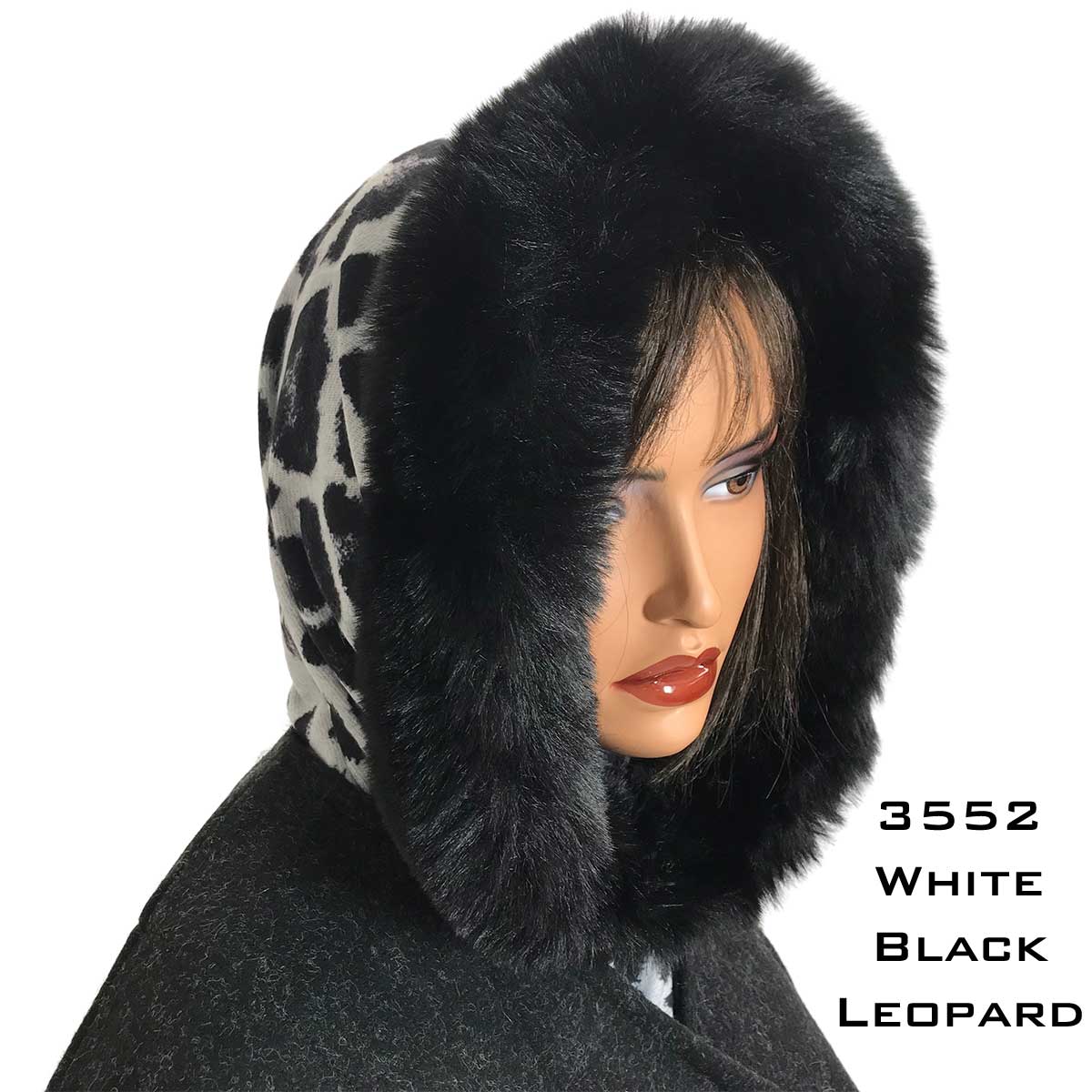 Leaopard White/Black<br> Black Fur Trimmed Infinity Hood
