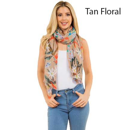 4131 - Tan<br> Pleated Floral Scarf 

