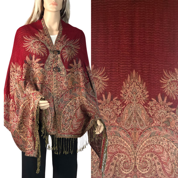 3691 - A04 - Burgundy<br>
Woven Paisley Button Shawl