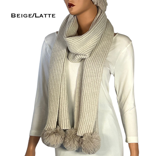 Beige/Latte<br>
Knitted Scarf with Pom Poms