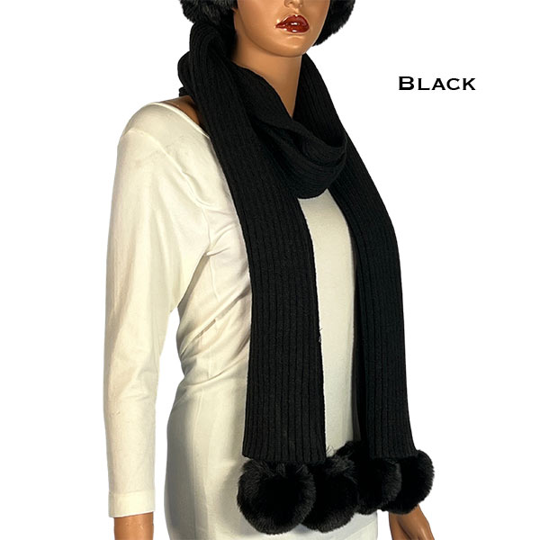 Black<br>
Knitted Scarf with Pom Poms