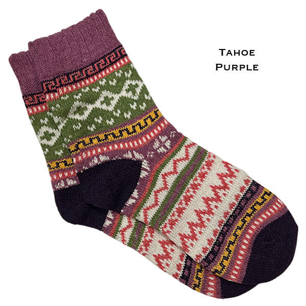 Tahoe Purple Multi<br>
Fits Women's Size 6-10<br> 18% wool, 45% cotton, 37% polyester