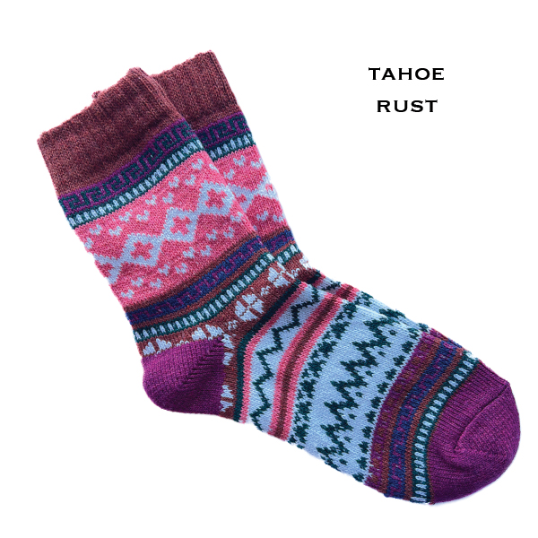 Tahoe Rust Multi<br>
Fits Women's Size 6-10<br> 18% wool, 45% cotton, 37% polyester