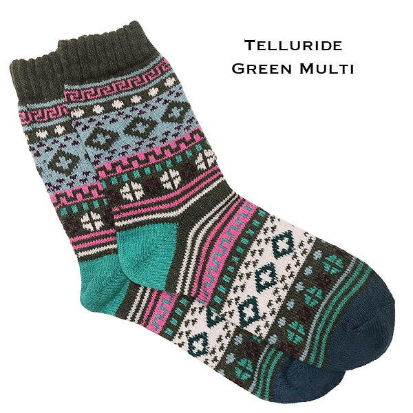 Telluride Green Multi<br>
Fits Women's Size 6-10<br> 18% wool, 45% cotton, 37% polyester