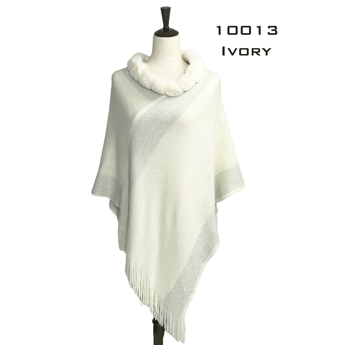 10013 - Ivory<br>Cashmere Feel Poncho with Fur and Sparkle