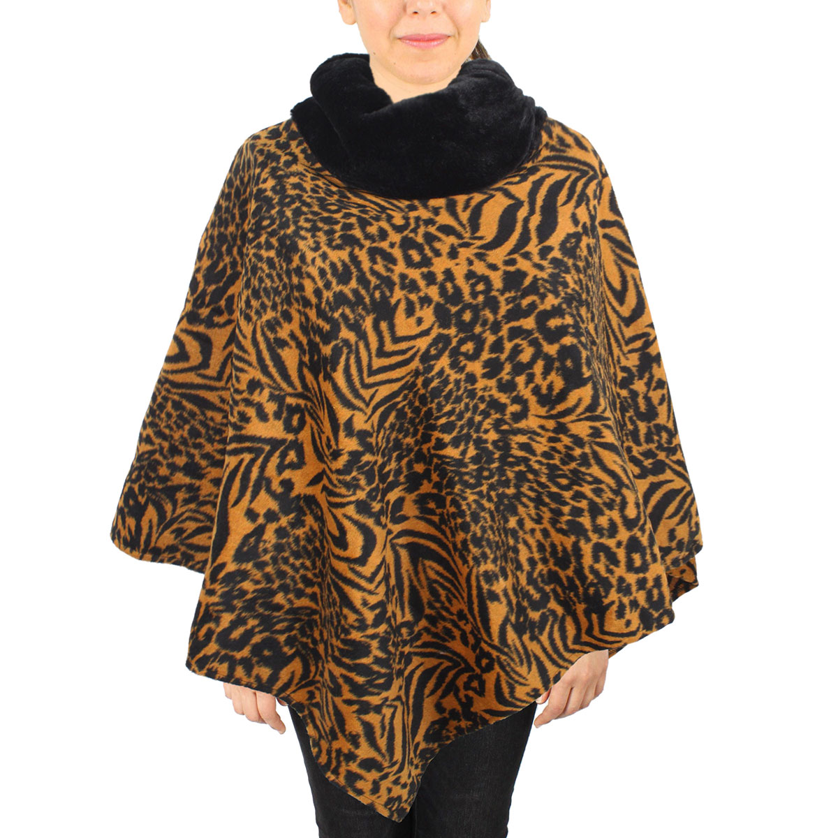 9395 - Camel <br>Animal Print Poncho w/Faux Fur Collar
