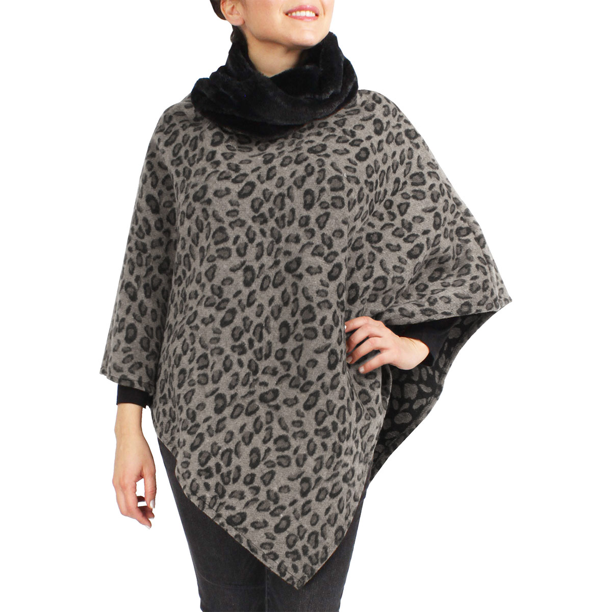 9396 - Grey<br>Leopard Print Poncho w/Faux Fur Collar