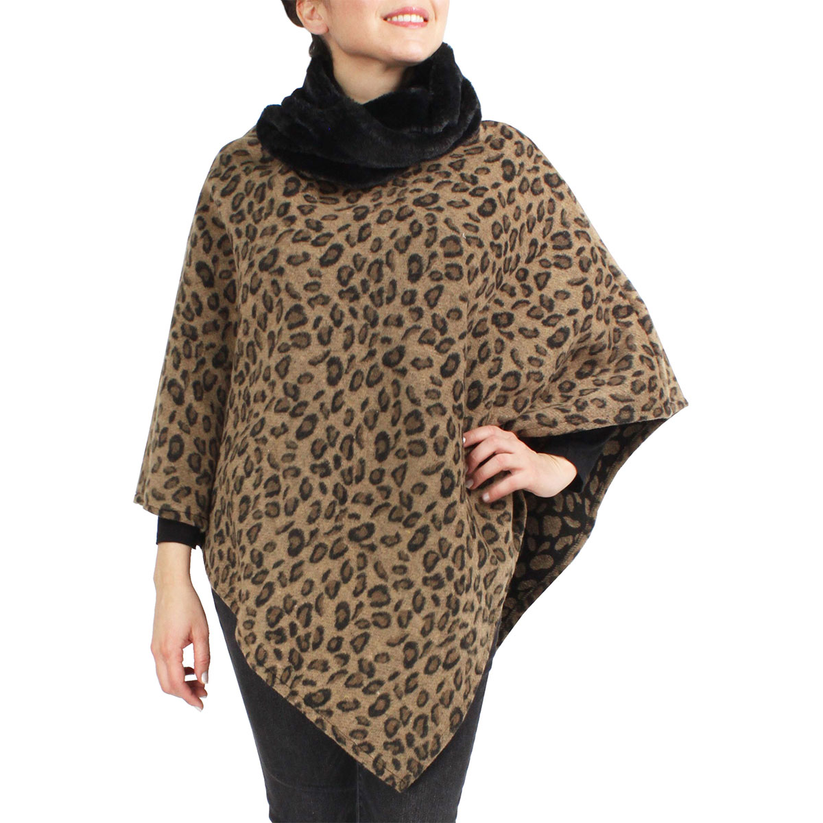9396 - Taupe<br>Leopard Print Poncho w/Faux Fur Collar