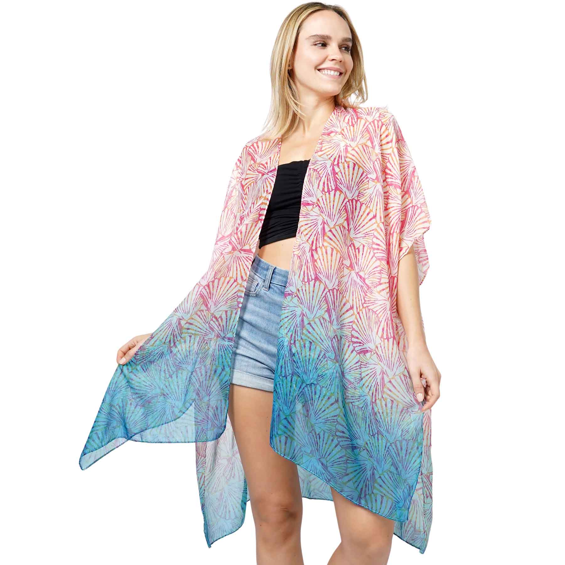 5099 - Coral/Turquoise Mix<br>
Shell Print Kimono