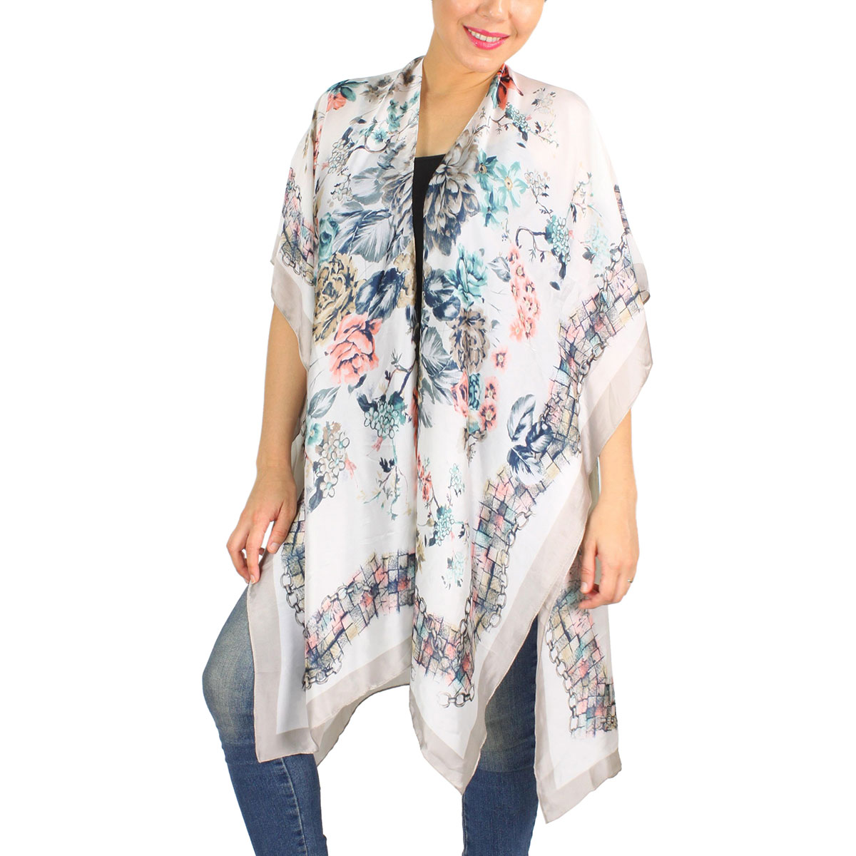 9287 - Taupe Border<br>
Flower Print Kimono