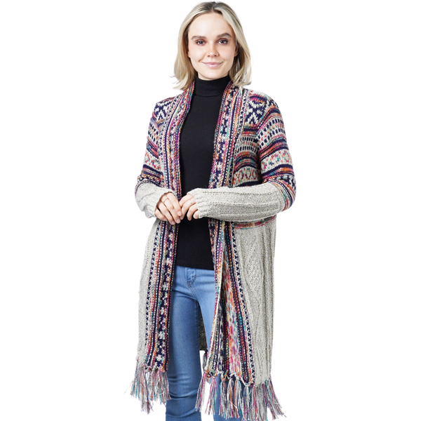 10390 - Beige Multi<br>
Ethnic Pattern Knit Cardigan
