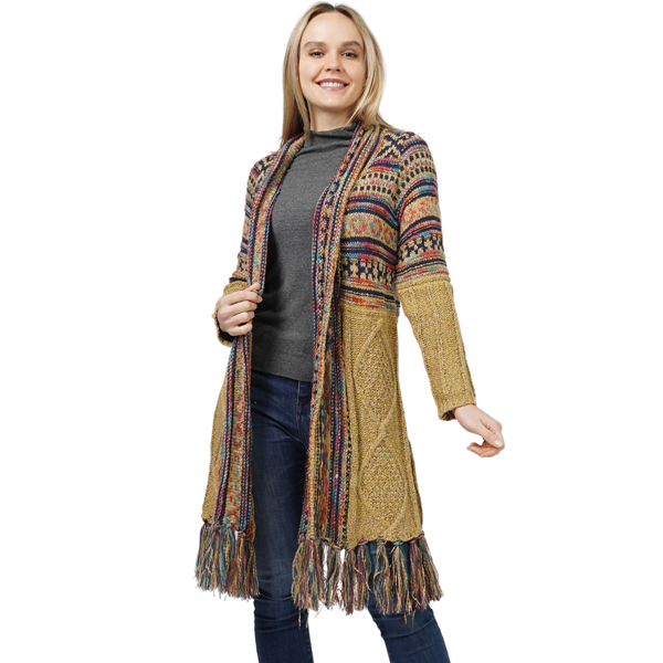 10390 - Mustard Multi<br>
Ethnic Pattern Knit Cardigan
